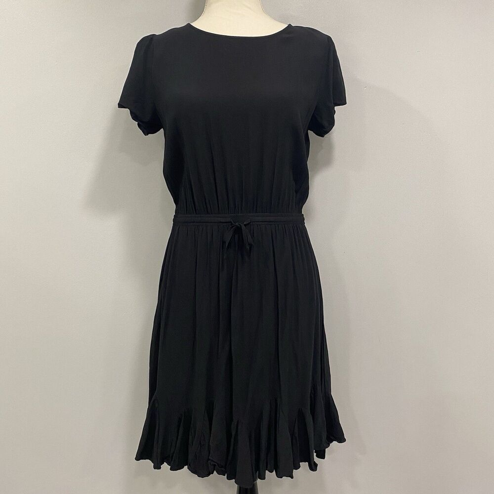 LOFT S Black Flounce Ruffle Fit & Flare Blouson Pleated Swing Dress Whimsigoth
